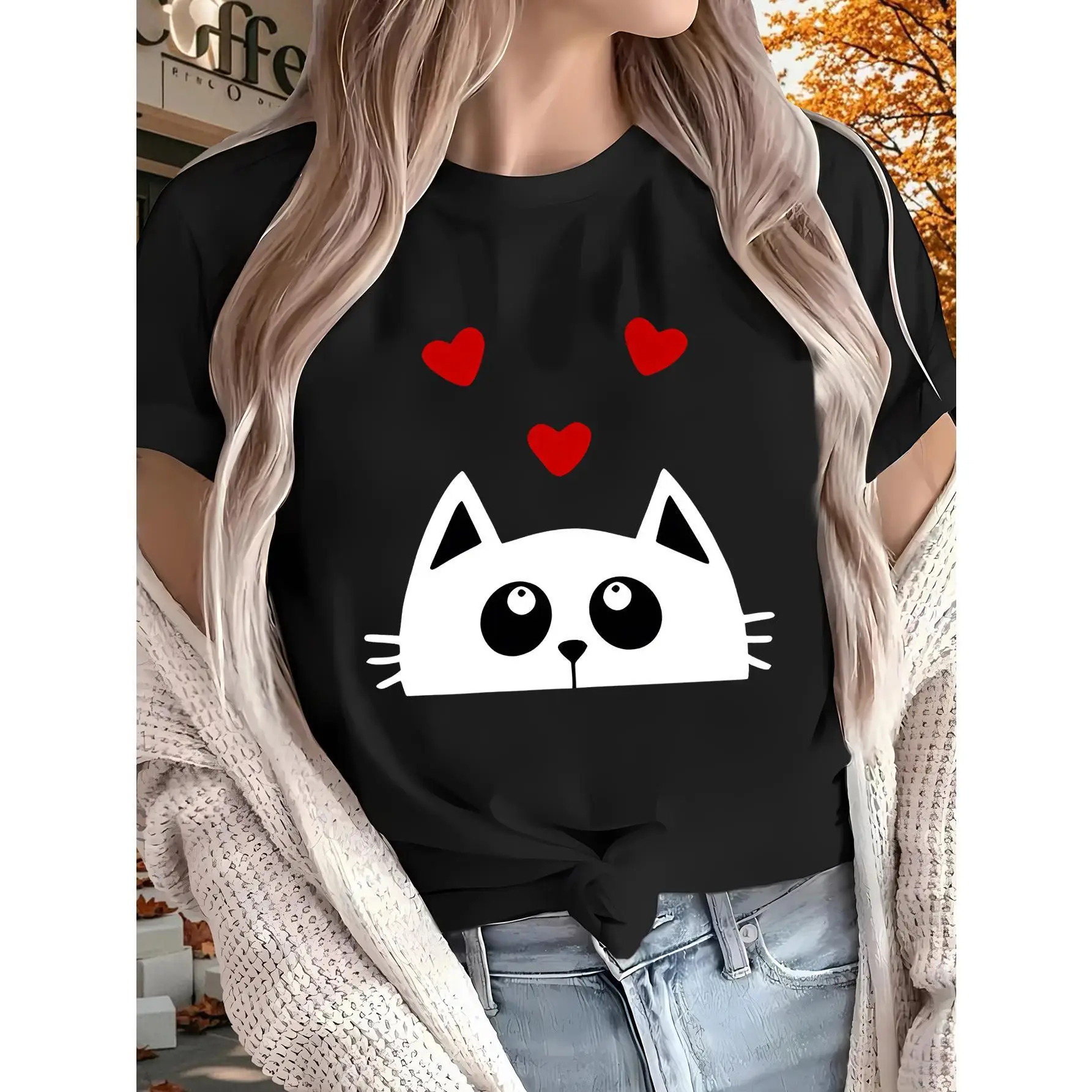 

Women's Cute Black Cat Graphic T-Shirt - Short Sleeve, White With Red Hearts Design, Soft For All Seasons, Perfect For Home, Out