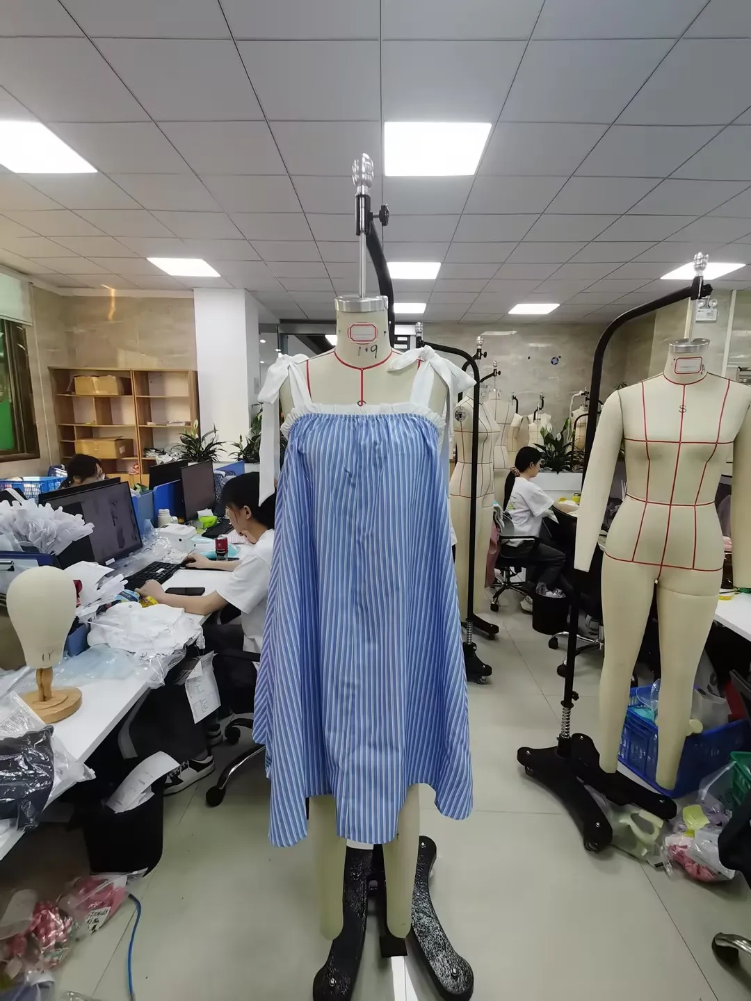 

Summer Casual Women Striped Print Dress Sky Blue Tie-up Shoulder Strap Loose A-line Short Dresses Homewear Daily Wear