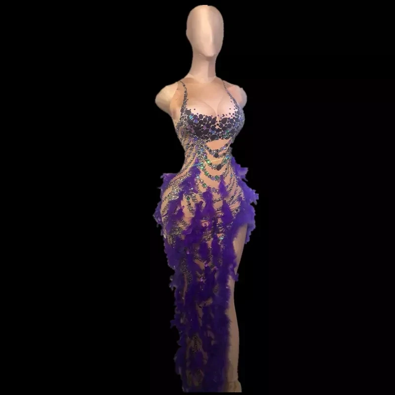 

Stretch Nude Evening Party Bodycon Dresses Purple Feather Dress Singer Rhinestone Party stage show Dress