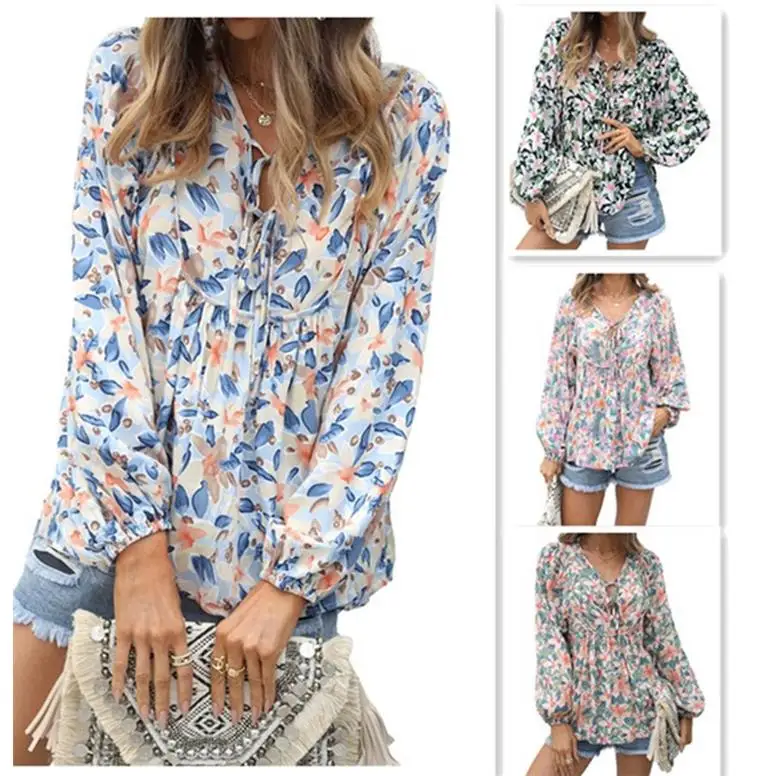 

Floral Ruffled Waist irt Women's Long Sve Loose Fit Polyester Fiber Printed Plant Floral Pattern Autumn Season Faion