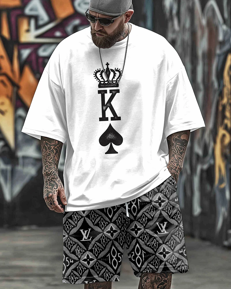 s-9xl-men's-large-size-vintage-black-king-poker-print-short-sleeved-t-shirt-shorts-two-piece-set