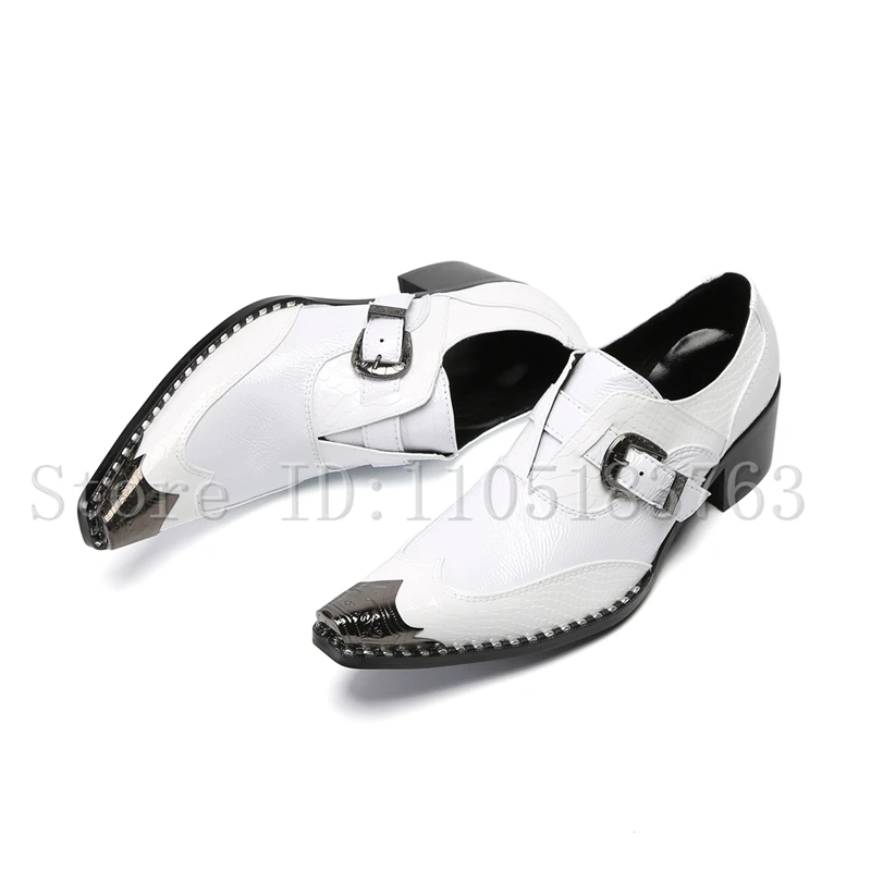 

Men's Pointed Toe White Genuine Leather Shoes, Metal Toe Cap Buckle Formal Dress Shoes for Party Wedding