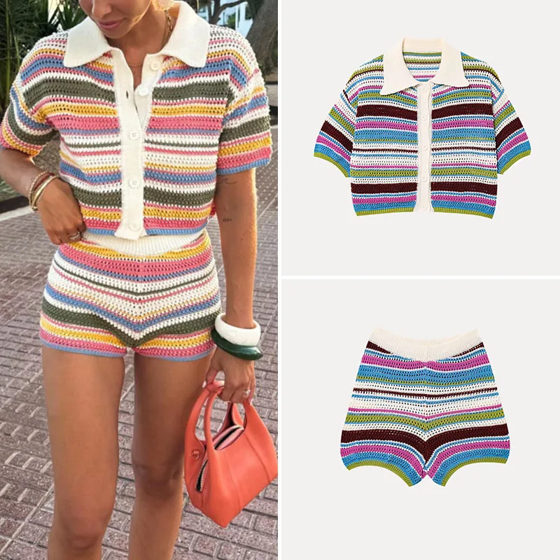 

Женский модный комплект весны 2025: топ с воротником-молнией и полосатые орты из полиэфирного волокна, студенческий orm, рабочий наряд