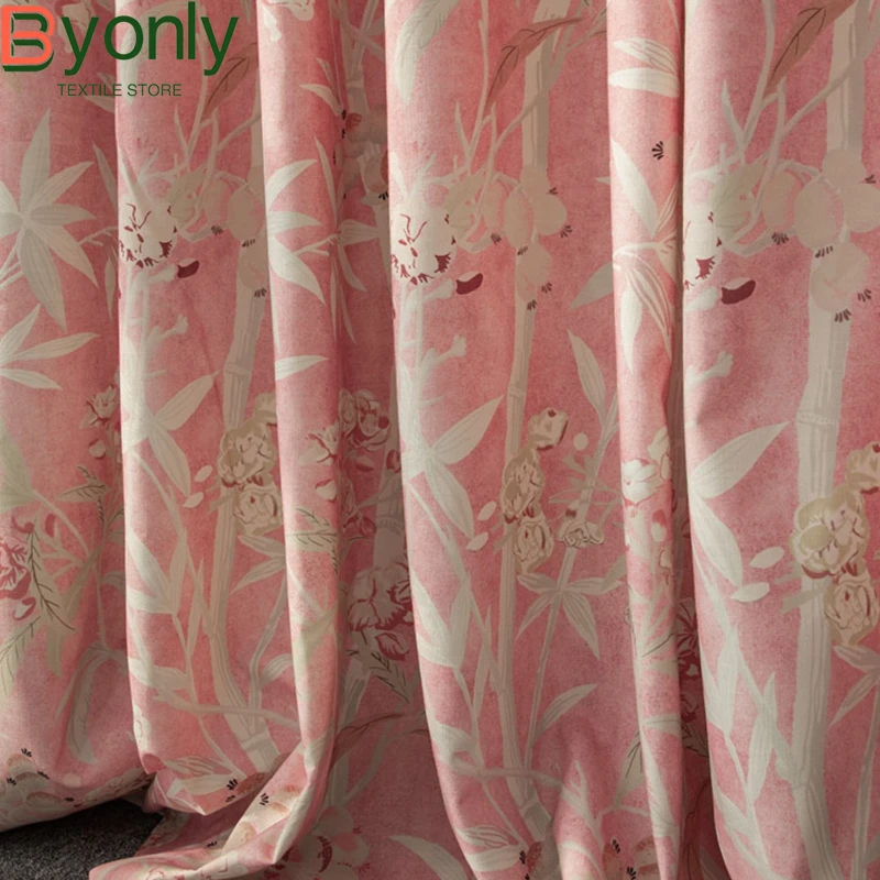 Oleander Fresh Pastoral French Country American Luxury Distressed Lotus Root Pink Velvet Curtains for Living Dining Room Bedroom