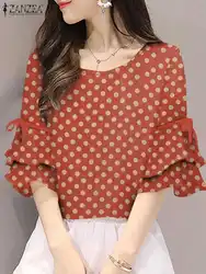 ZANZEA Women Polkda Dot Tops Summer Half Flared Sleeve Lace Up Casual Blosues O Neck Holiday Korean Fashion Elegant Blusas Mujer