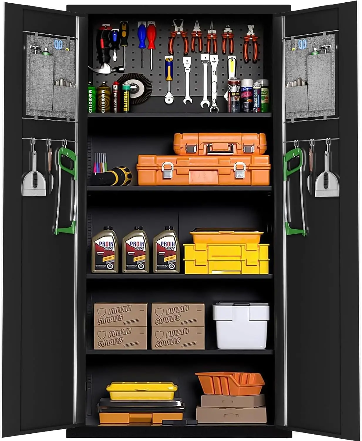 Metal Garage Storage Cabinet with with Pegboard,Black Tool Steel Cabinet with Doors and Adjustable Shelves, Tall Lockabke Garage