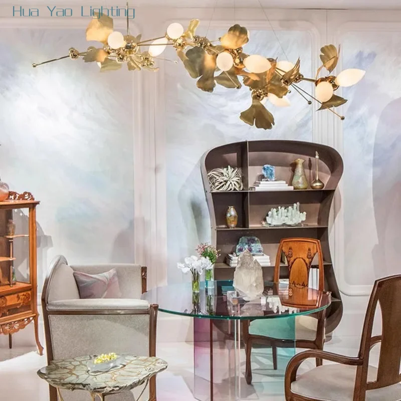 French Gingko blossom Pendant Lamp Copper Chandelier 2025 Living room Dining Bar Kitchen Island Lanterns Led Indoor Lighting