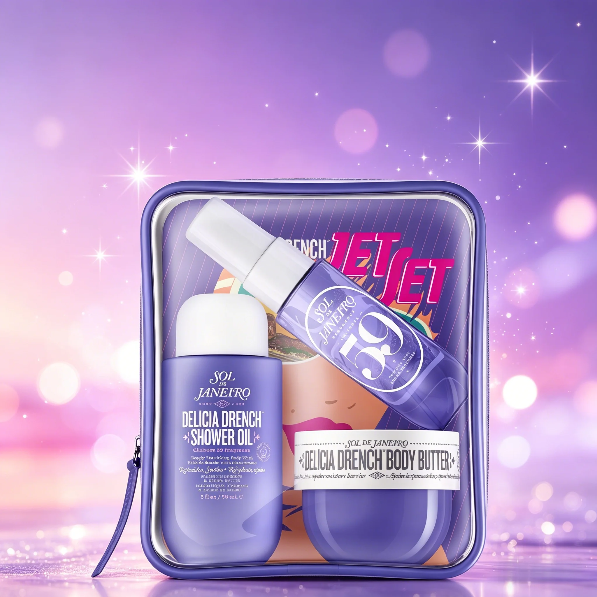 

Sol de Janeiro Jet Set | Travel Shower Kit, Body Butter, Shower Oil & Cheirosa 59 Mist with Purple Pouch, Ideal Gift
