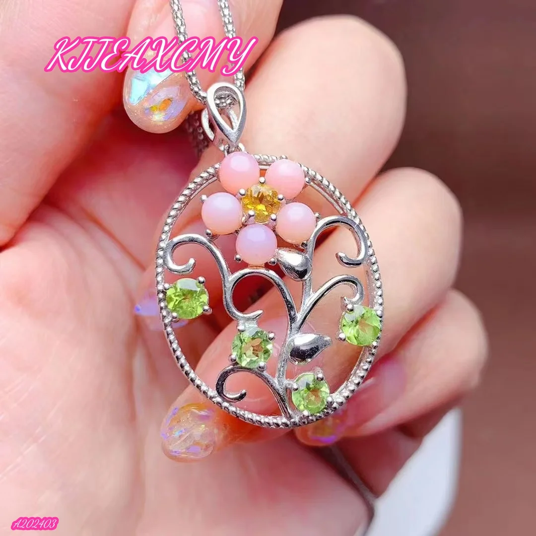 

KJJEAXCMY-925 Sterling Silver Opal and Olivine Gemstone Pendant for Women, Natural Pink, Girl's Party, Birthday, Christmas Gift,