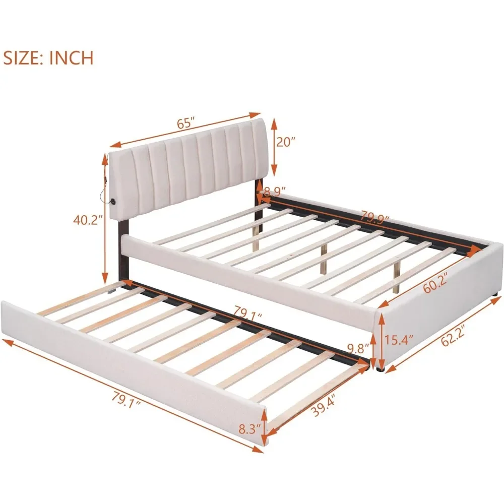 Queensize bedframe, gestoffeerd platform onderschuifbed en hoofdeinde, modern houten bedframe met LED-licht, veelzijdigheid, bedframe