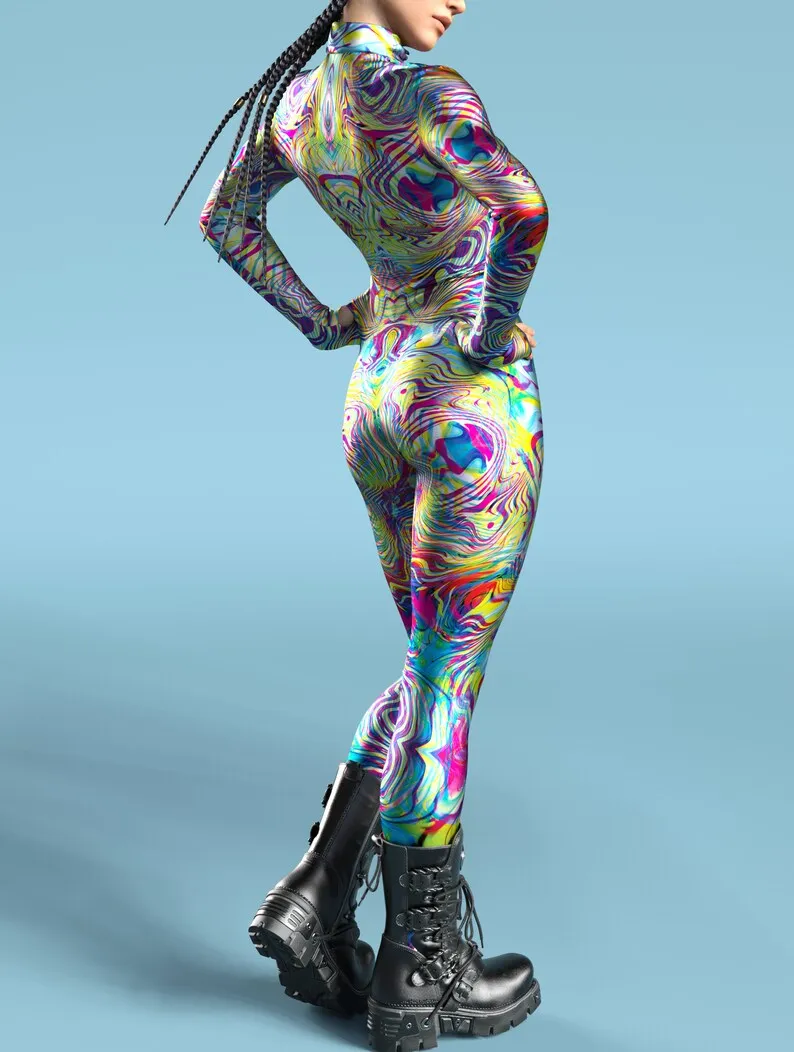 Mehrfarbiger Totenkopf-Print-Kostüm, Damen-Body mit Reißverschluss vorne, Halloween-Party, Karneval, Festival, Bühnenauftritt, Catsuit-Kostüm – Detail 5