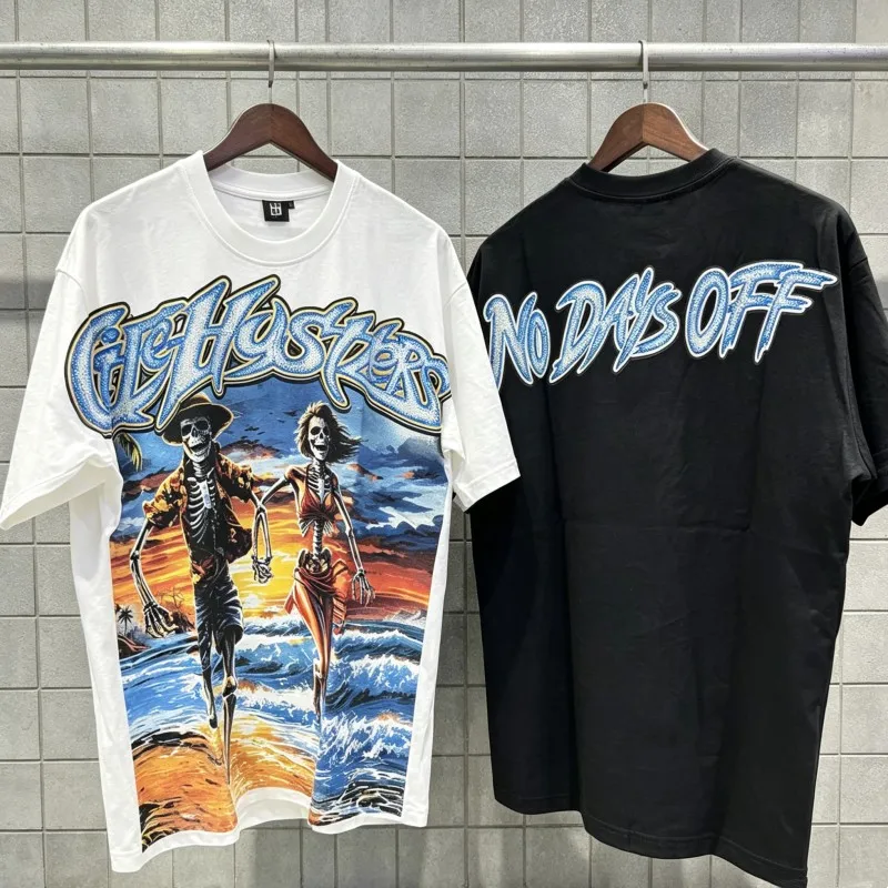 Black White Summer Couple Tee Hustlers Tshirt Skeletons Seaside Hold Hands Surfing Hotfix Rhinestone Letter Mne Women Streetwear