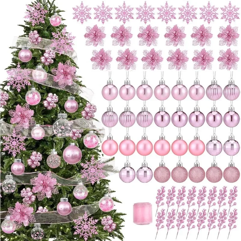 Pink Christmas Tree Decoration Set Christmas Balls Ornaments Light Glitter Flowers Berries Stems Snowflakes Bow for Home Decor