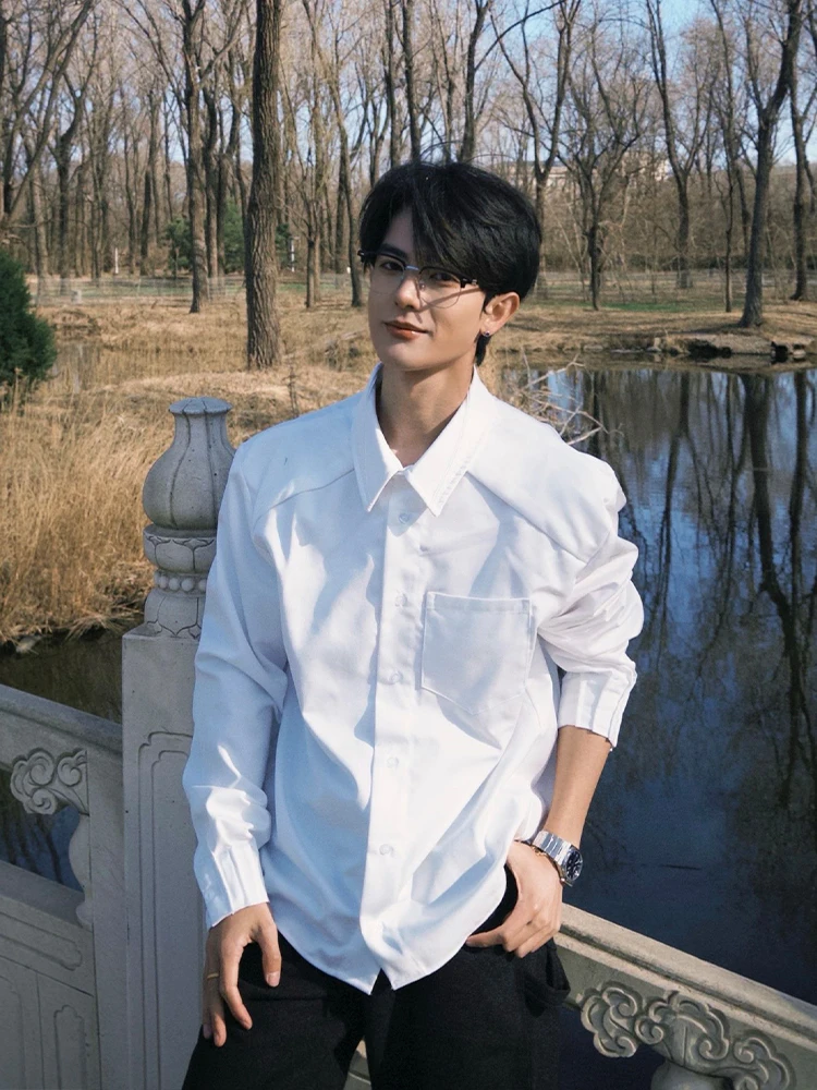 

White Deconstructed Shoulder Long Sleeve Men's Shirt Spring Summer Casual Style Accordion Pleated Shirt Standard Fit Summer E...