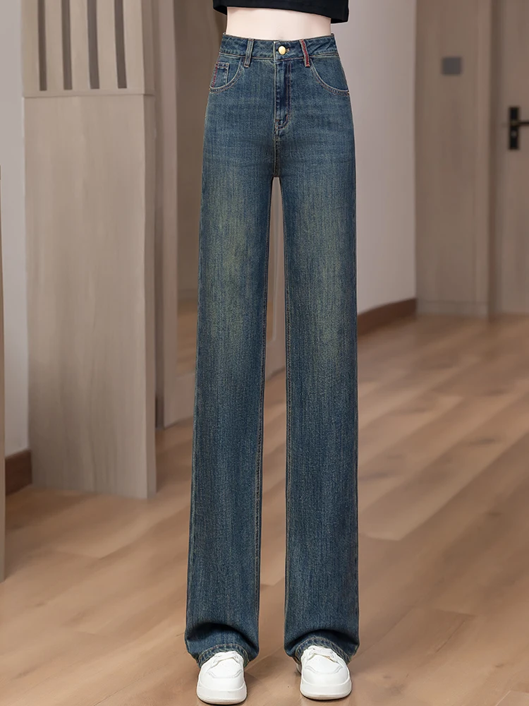 

High Waist Wide Leg Fleece Lined Jeans Women's Autumn Winter New Style Slimming Popular Cement Grey Straight Leg Trousers