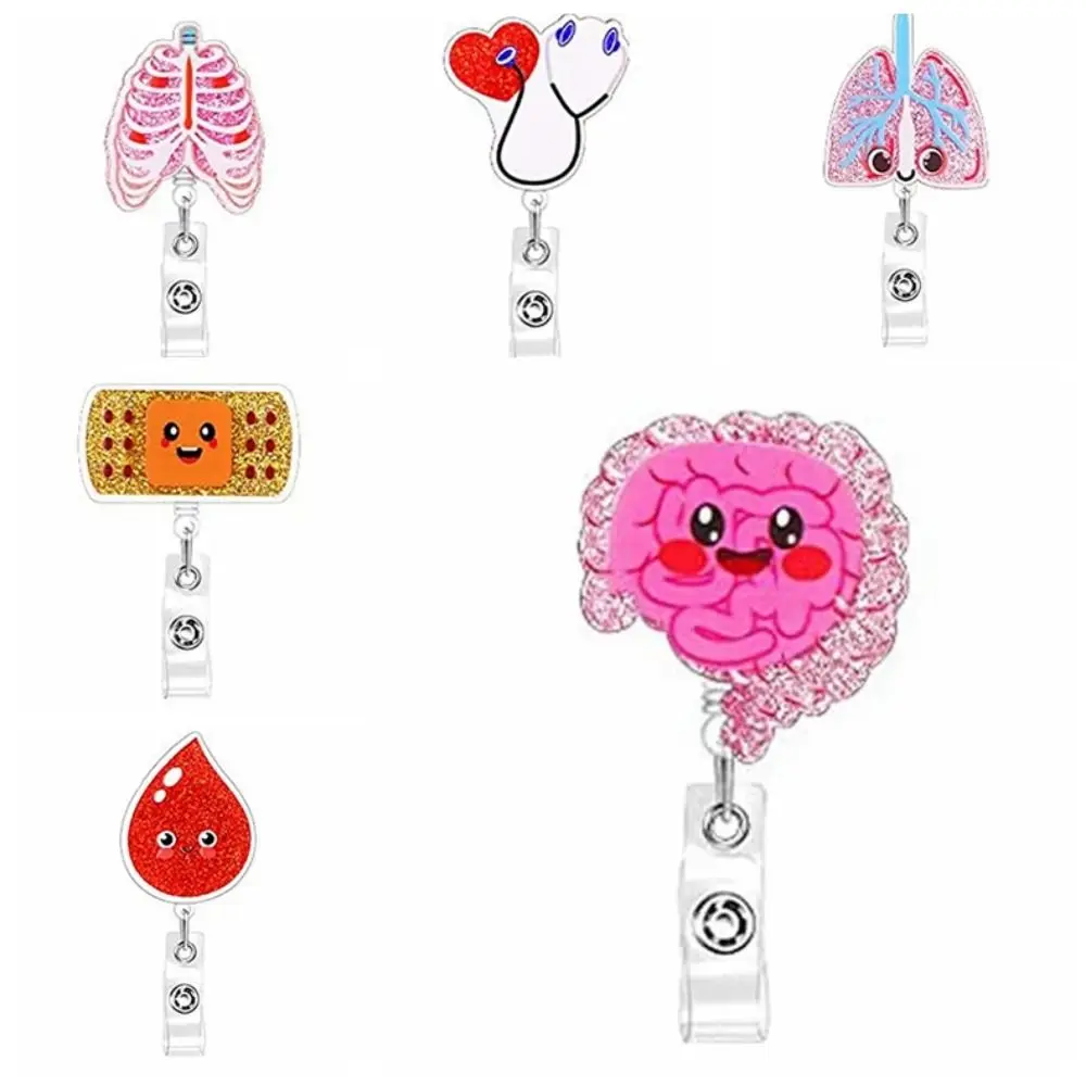 Human Organs Retractable Badge Reel Alligator Clip Name Tag ID Badge Holder Acrylic Glitter Easy Pull Buckle Staff Card