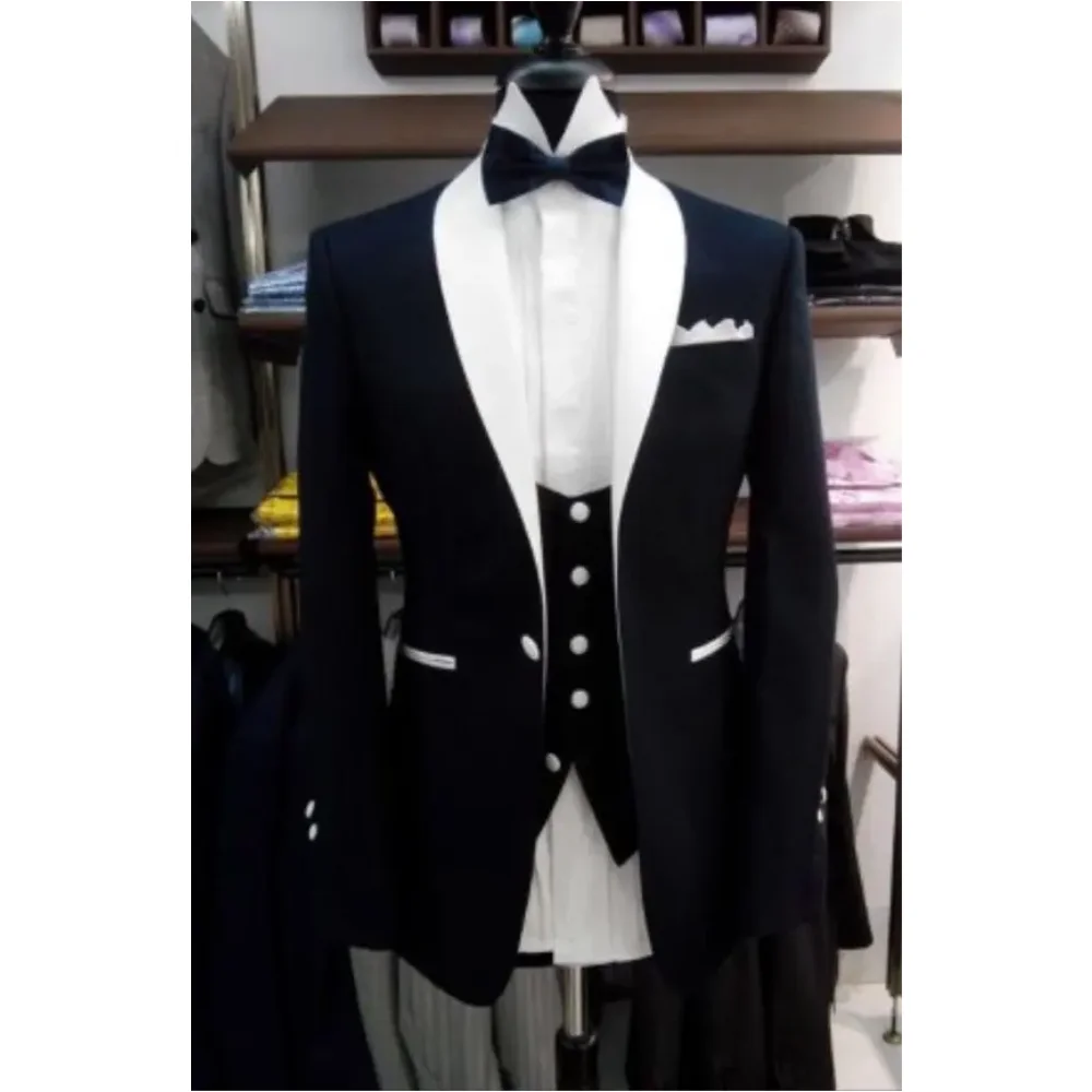 

New Elegant Slim Fit Dark Smoking Suit Men Costume 3 Pieces Homme White Shawl Lapel Tuxedo Groom Wedding Suits For Men