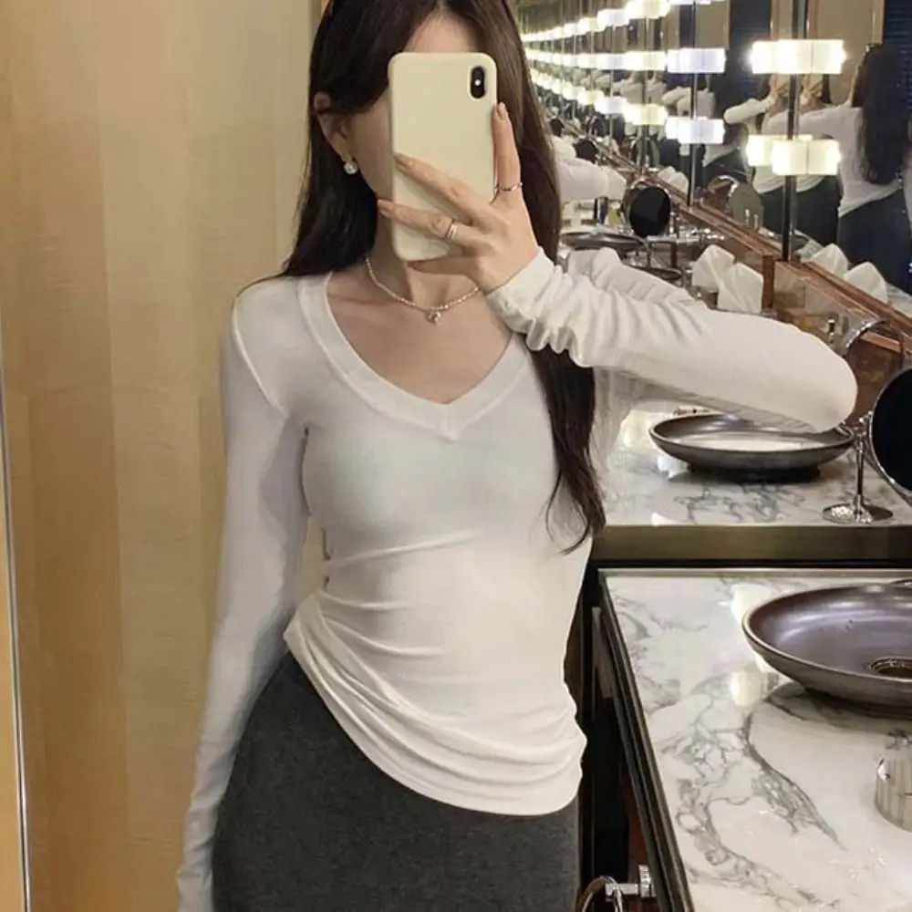 أزياء Y2K تي شيرت بأكمام طويلة بلون بسيط الخامس الرقبة تي شيرت بلوزة قميص داخلي الأساسية تيز القمم الإناث