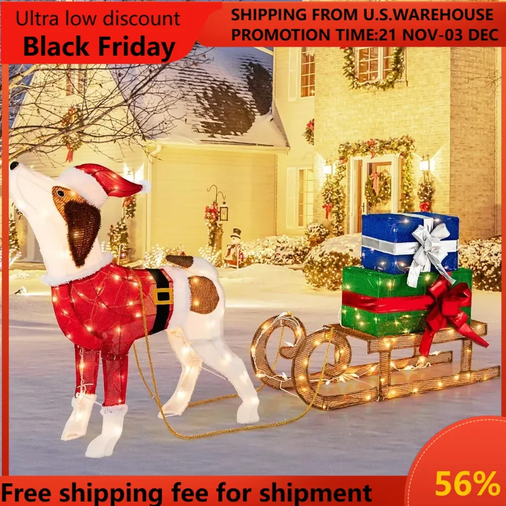 Lighted Christmas Dog with Sleigh & Gift Boxes Combo Decorations, Xmas Lighted Indoor Decorations, Pre-lit Christmas