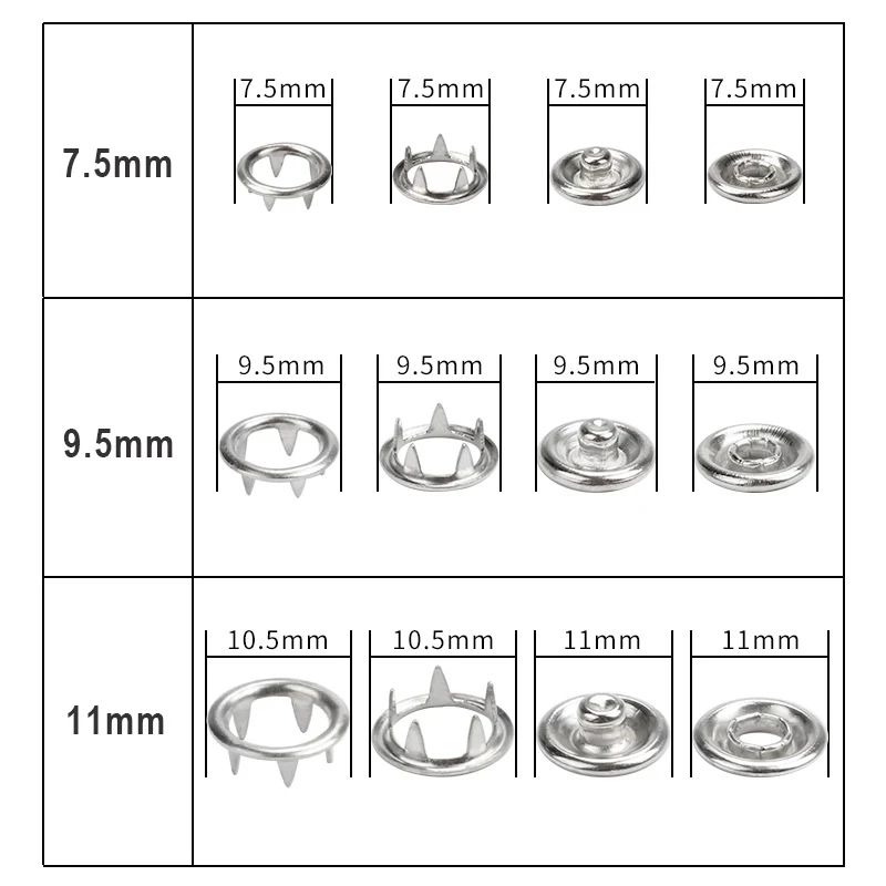 (50 sets)7.5 / 9.5 /11 mm Snaps Silver Snap-Fastener Buckle Baby Children's Jumpsuits Prong Snap Buttons