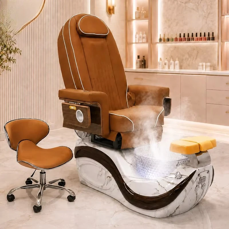 Brown Pedicure Chair With Backrest Massage Whirlpool Foot Tub for Nail Salon