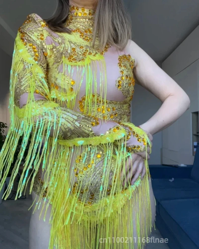 

European and American Sparkling Silver Tassel Long Sleeve High Waist Jumpsuit Latin Dance Talent Show Dress Nightclub for Women