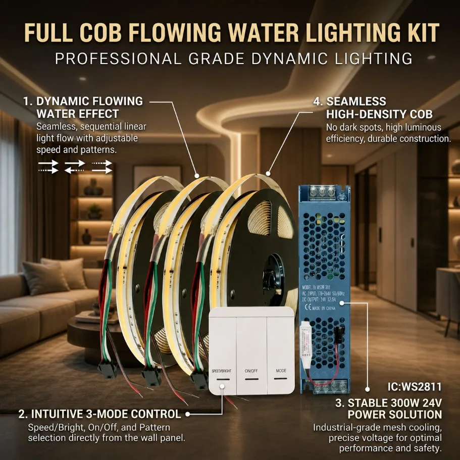 DC24V WS2811 IC Addressable COB LED Strip 360LEDs/m Running Water Flowing Light 5m-40m with Wireless Controller Power Supply Kit