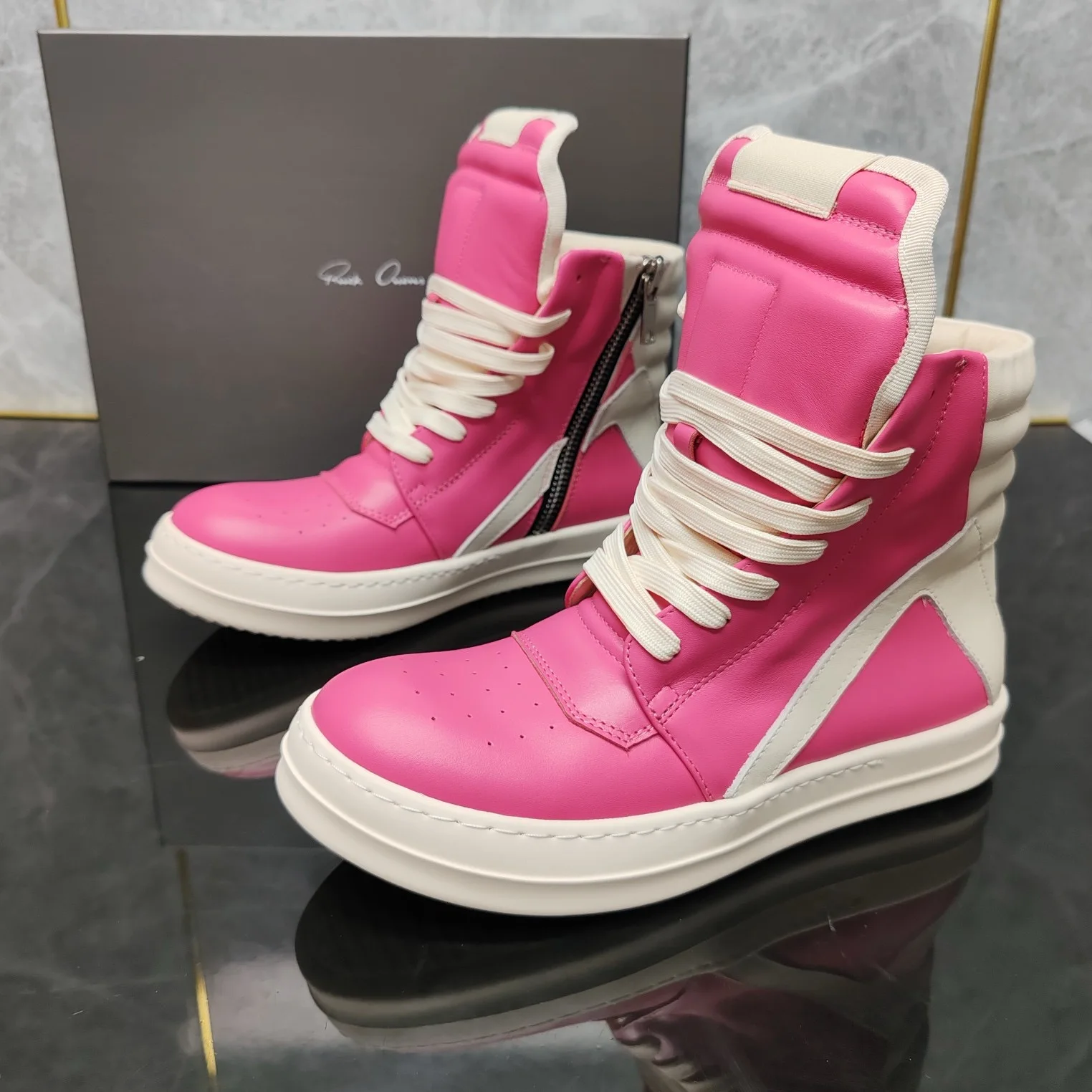 Round Owens inverted triangle pink high-top boots personality Harajuku style couple shoes high street hipster leather