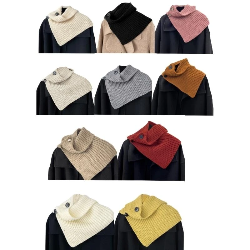 831A Women Color Ribbed Knit Faux Collar Neck Guard Winter Triangular Turtleneck Dickey Circle Scarf Shawl with Buttons