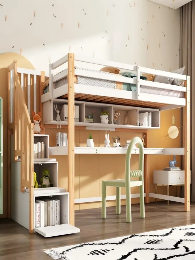 Wood House Bunk Bed,children’s loft bed with storage stairs,made of pine wood,large desk and shelves,slatted frame,white+natural
