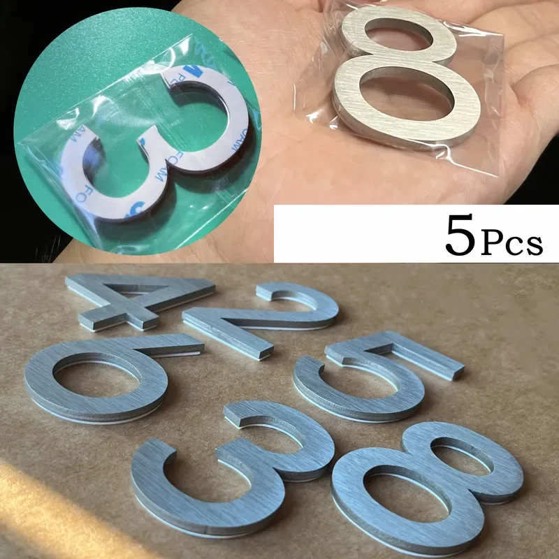 5pcs 60mm Stainless Steel House Number Stickers - Silver Self Adhesive Door Number Signs for Mailbox Lockers