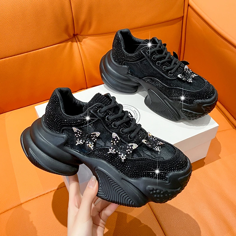 

Luxury Rhinestone Butterfly Platform Sneakers Women Summer Hollow Mesh Thick Bottom Sports Shoes Designer Female Sneakers