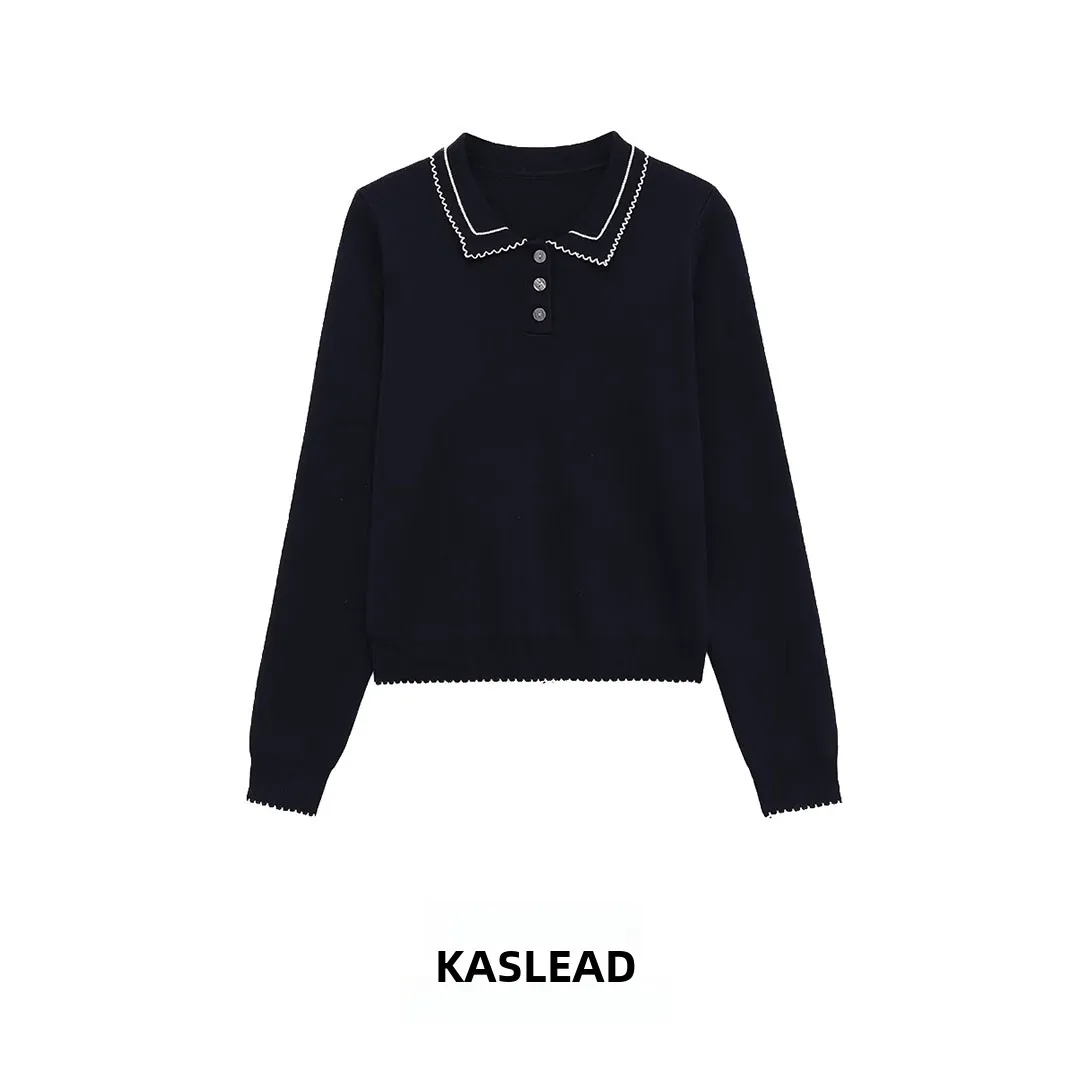 

KASLEAD New Women's Faion Simple Color Blo Knitted ort Sve Stitching Line Top Polyester Fiber Flip Collar Overhead