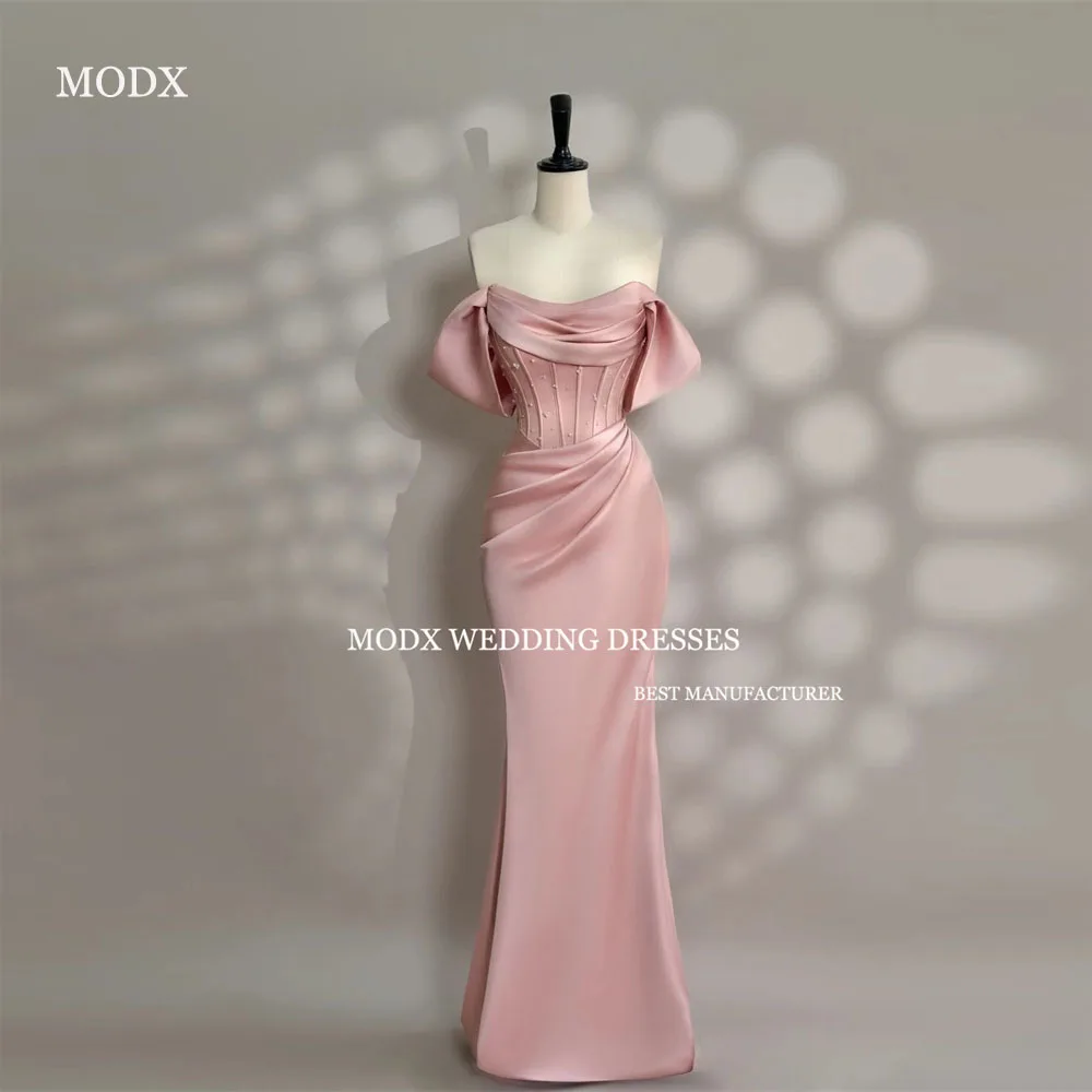 

MODX Elegant Pink Evening Dresses Mermaid Off Shoulder Boning Satin Sleeves Prom Gowns Formal Party Dress Custom Made Vestidos