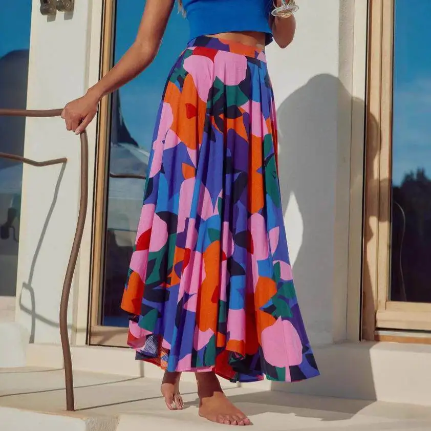 Saia Casual Estampada de Comprimento Médio Estilo Boêmio para Mulheres, Nova Chegada Primavera Verão, Vestido de Manga Sete Estilo Transfronteiriço