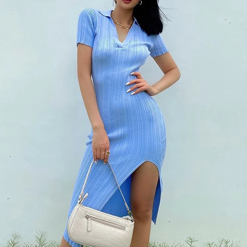 YuooMuoo Chic Fashion Dzianinowa sukienka letnia z rozcięciem w prążki Koreańska sukienka polo Slim Elastyczna sukienka damska Streetwear Lady Vestidos
