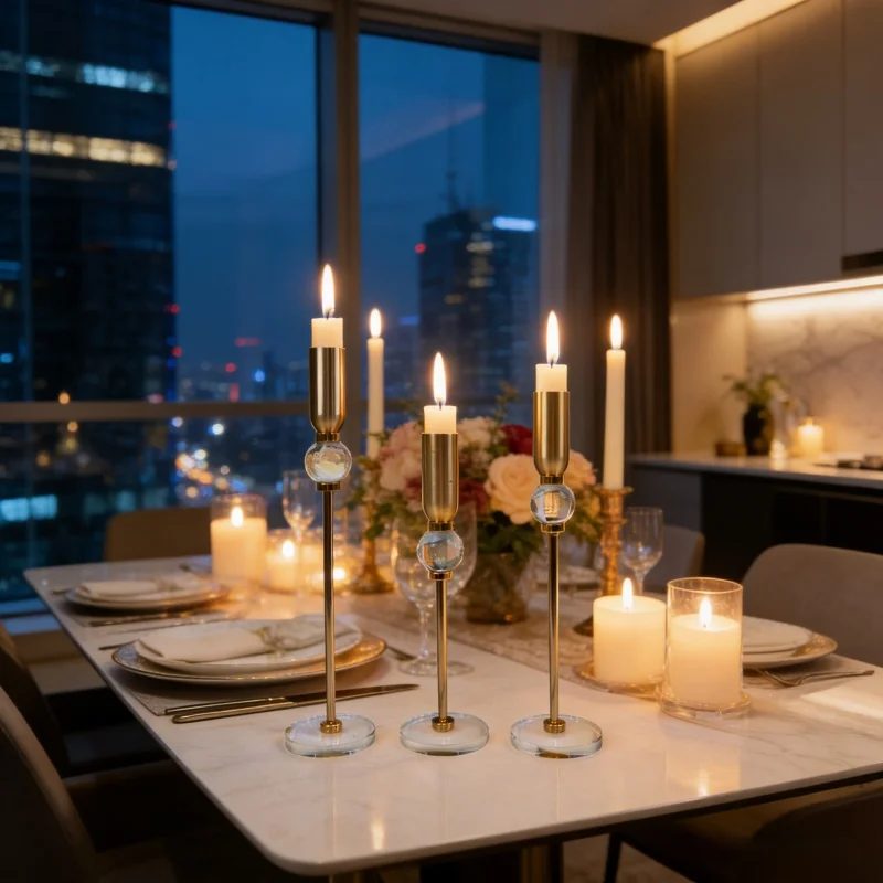 3Pcs Gold Crystal Taper Candle Holders - Modern Metal Candlestick Set with Clear Base for Light Luxury Home Wedding Centerpiece