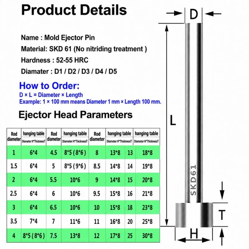 10PCS SKD61 Ejector Pin D6.1-D9.9mm Straight Push Rod Ejector Rod Injection Mold Standard Parts