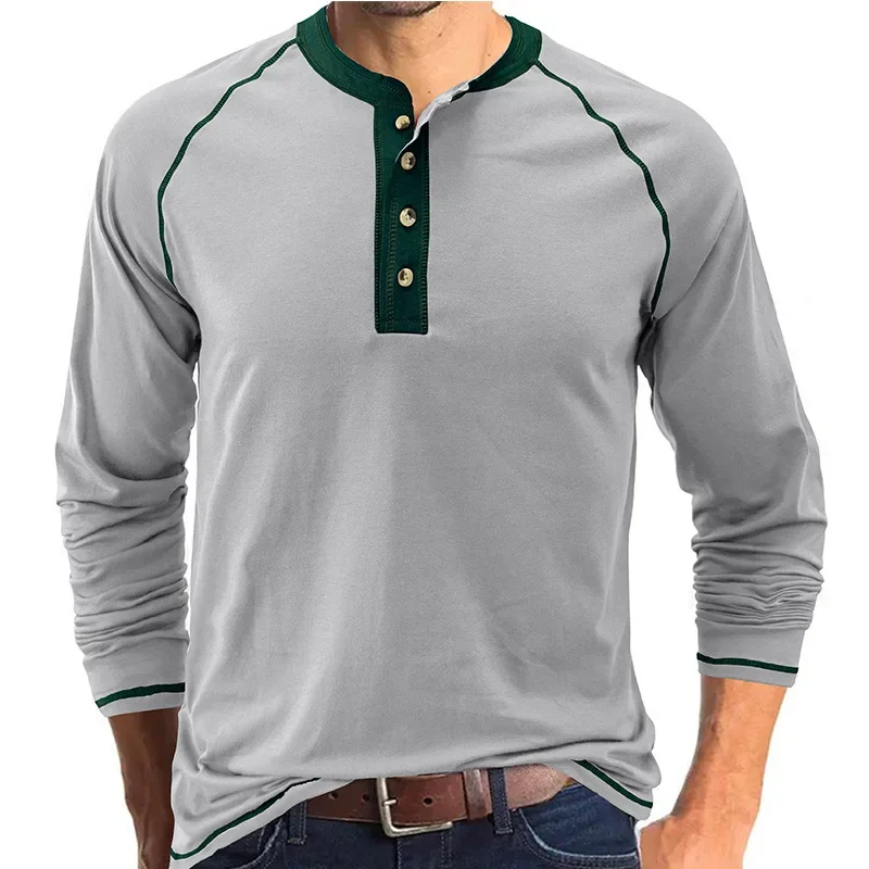 New Men's Long Sleeve Cotton T shirts Men Fashion Henry Collar T shirt Spring Autumn Patchwork Tops Tees Brand Men Clothing 2025
