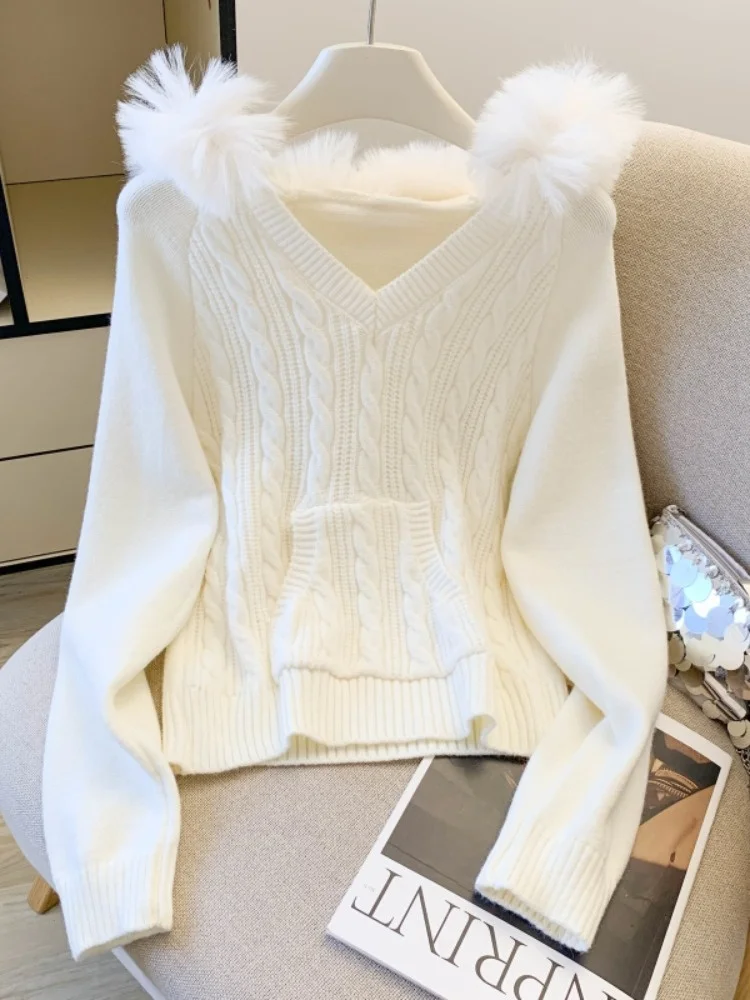 

Women's Knitted Sweater with Large Fur Collar V-Ne Twist Autumn Winter Soft Sweet Outerwear Casual Comfortable Long Sve