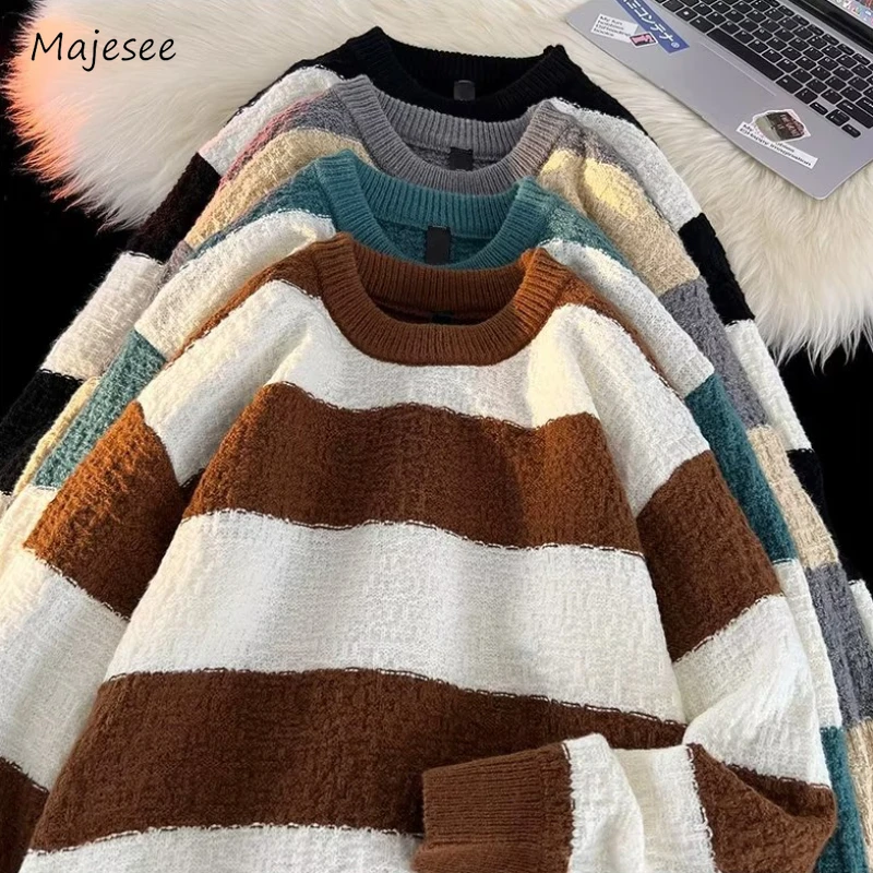 Striped Sweaters Men Fashion Loose Casual Autumn Winter Round Neck Panelled Couple Japanese Style Unisex Streetwear Knitting