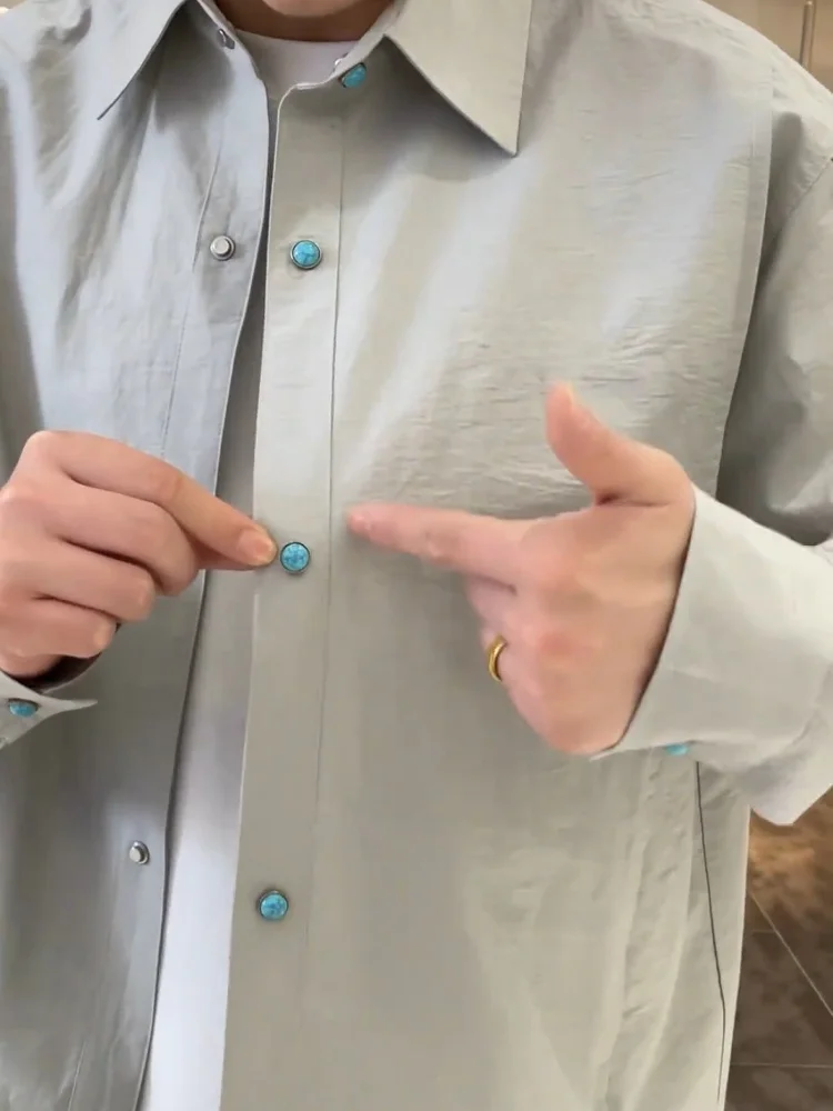 Spring Summer Lightweight Embroidered Structure Turquoise Button Flip Collar Shirt Jacket Men's Fashion Loose Versatile Outer...