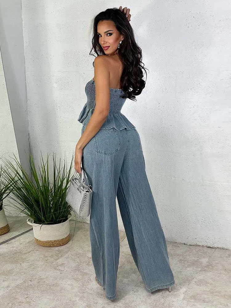 Elegant Women\'s Sets Denim Two Piece Set Strapless Top and Elastic Waist Jeans New in Matching Sets Summer Sexy Denim Outfits