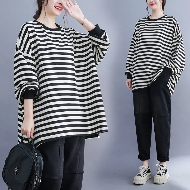 Casual Large Size Hoodies Women's Clothing 2023 Spring Autumn New Loose Stripe T-shirt Long Sleeve Sweatshirts jp914