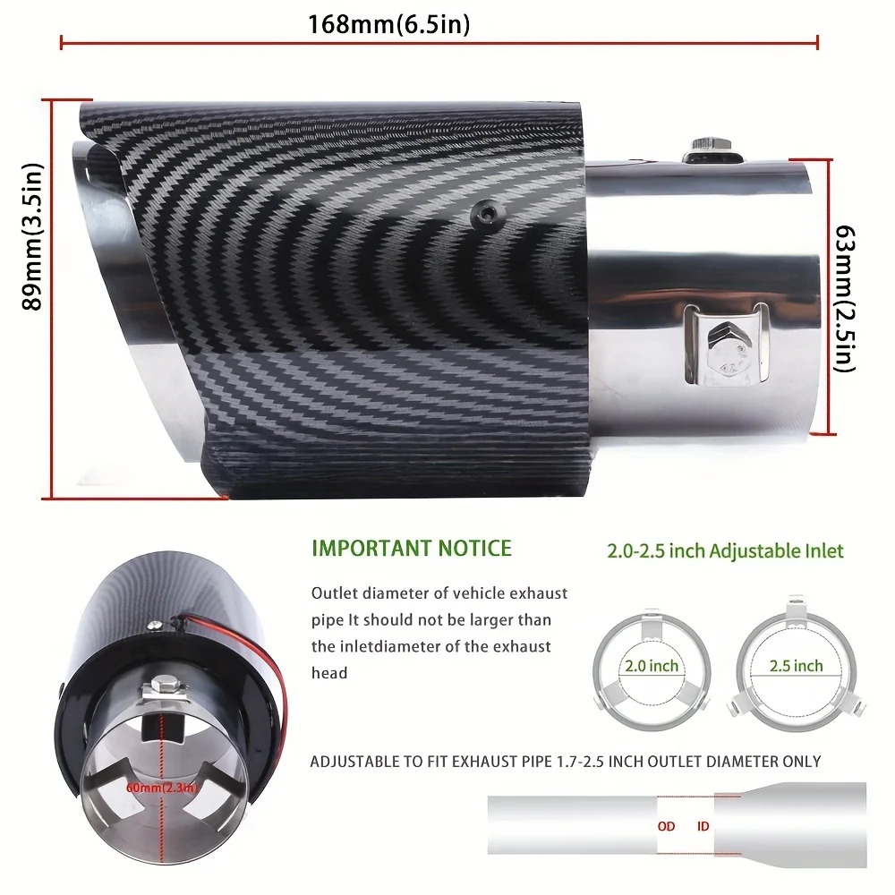 Car Modification Carbon Fiber Pattern Tailpipe 63-89mm Stainless Steel Tailpipe ABS Plastic Shell Exhaust Muffler