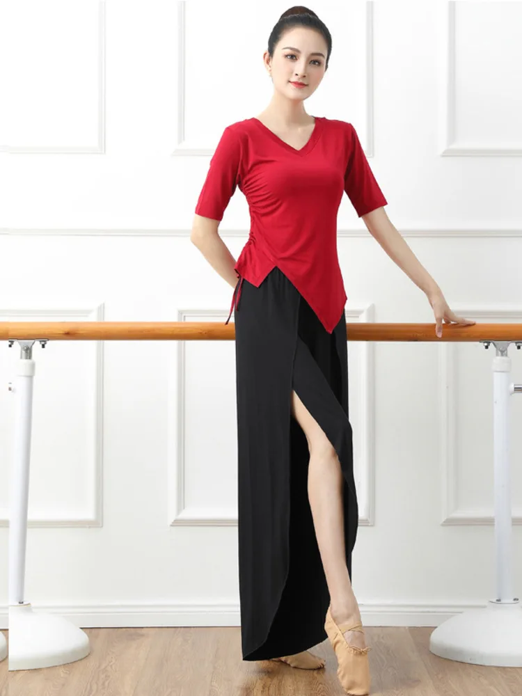 Feminino cordão assimétrico fino ajuste superior e saia de chiffon de cintura alta conjunto de duas peças dança moderna desempenho palco ensaio