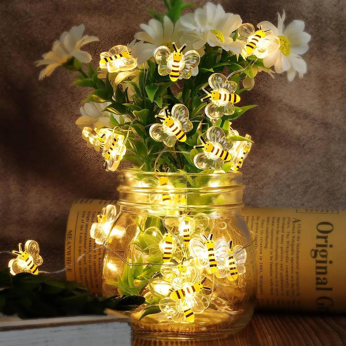 20 luces de hadas de abeja con batería USB, guirnalda de luces de abeja para dormitorio, plantas, Patios, fiesta, boda, Navidad, luces decorativas