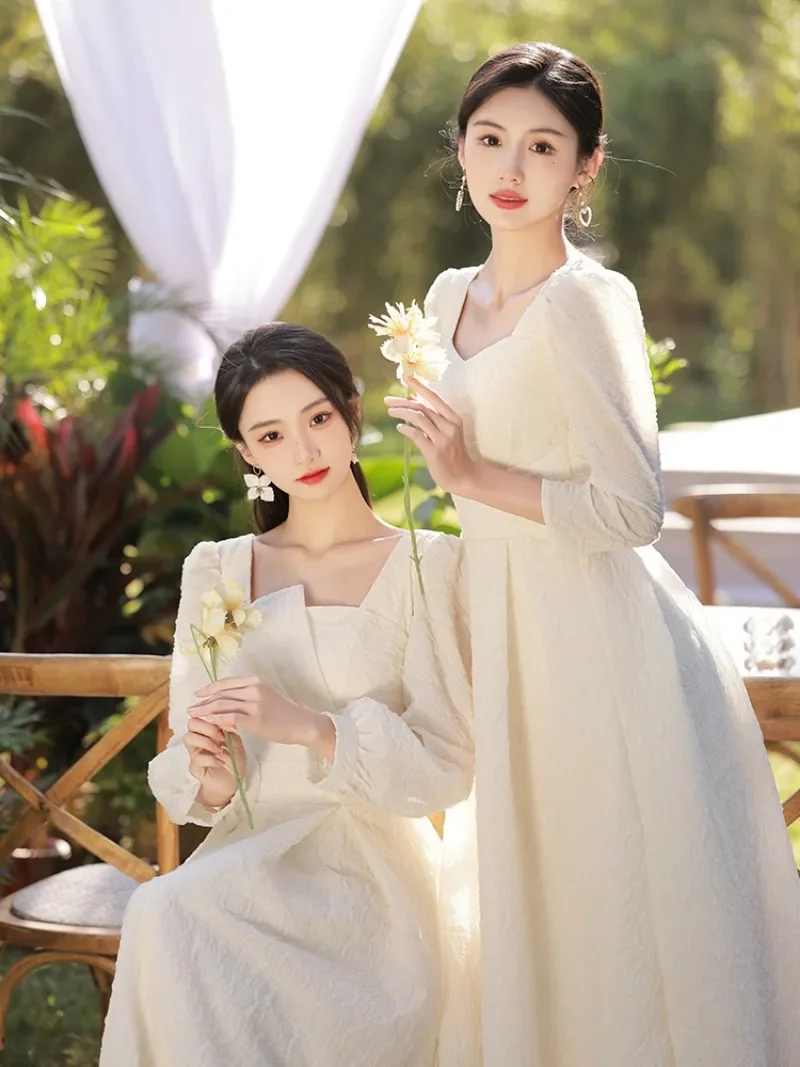 Champagne Bridesmaid Party Dress Women 2023 Chinese Style Long Sleeve Skirts A-line Slim Banquet Vestidos Women's Prom Dresses