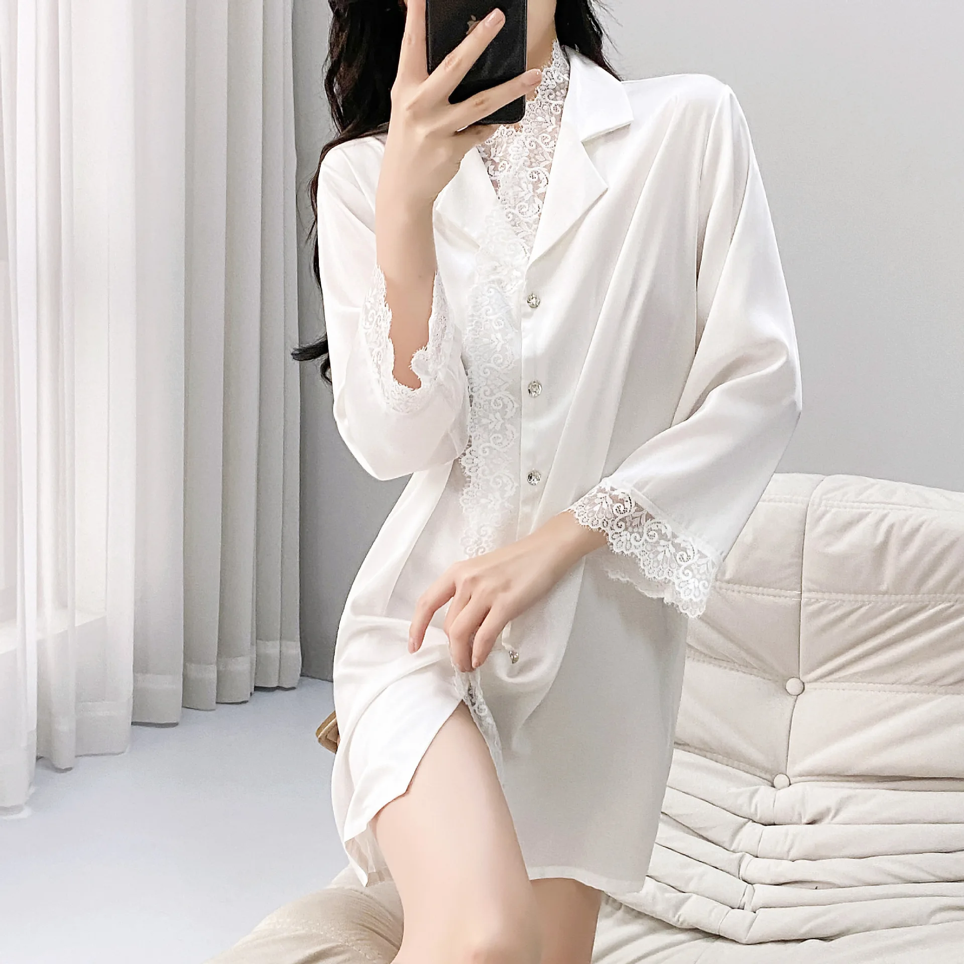 

Sexy Lace Sleepshirt Nightgown Spring Summer Satin Mini Nightdress Lingerie Loose Casual Female Homewear Lounge Wear