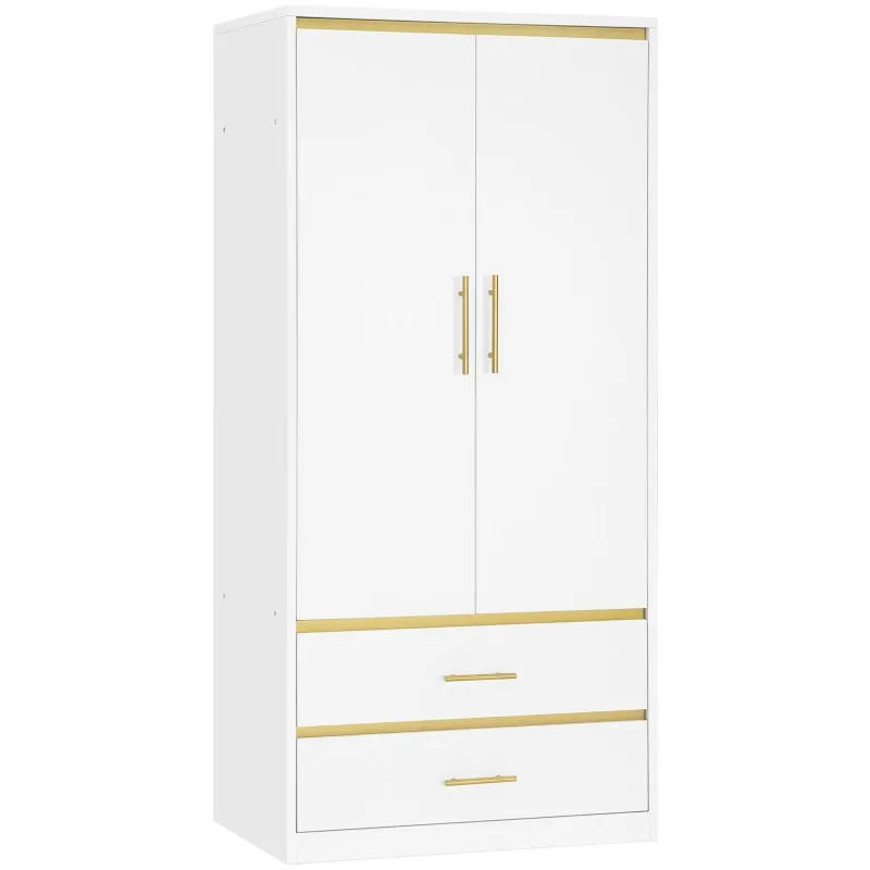 

Wholesale White Wood Armoire Wardrobe Closet with 2 Drawers Cupboard for Clothes Storage Bedroom Furniturepromote sales